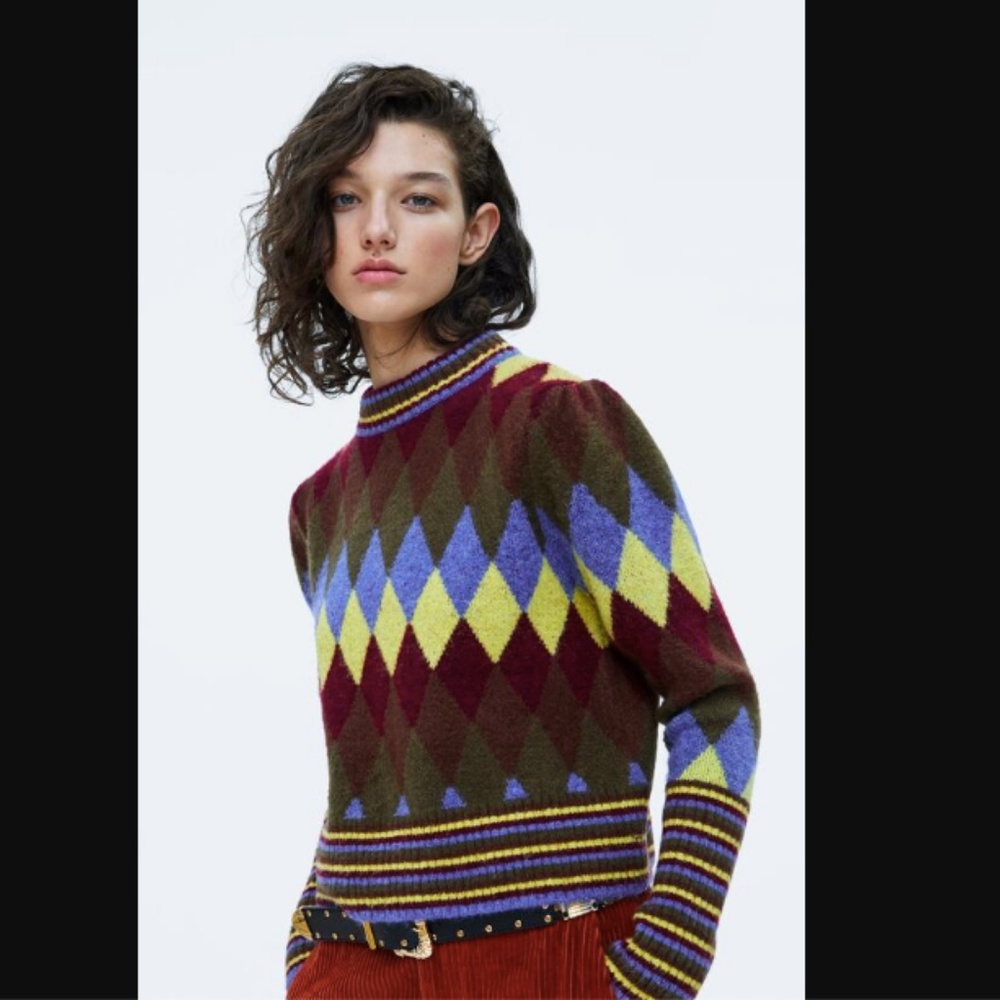 Zara Argyle Diamond Print Knit Sweater Long Slv - Picture 3 of 8